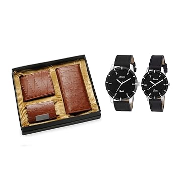 Arum Special Couple Combo in Light Brown Womens Wallet, Mens Wallet,Business Card Holder & Black Leather Watch
