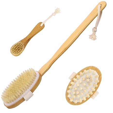 Luxspire Badebürsten Set, Abnehmbarer Holzstiel Rückenbürsten Körperbürsten Peeling mit Wildschweinborsten und Langem Griff f