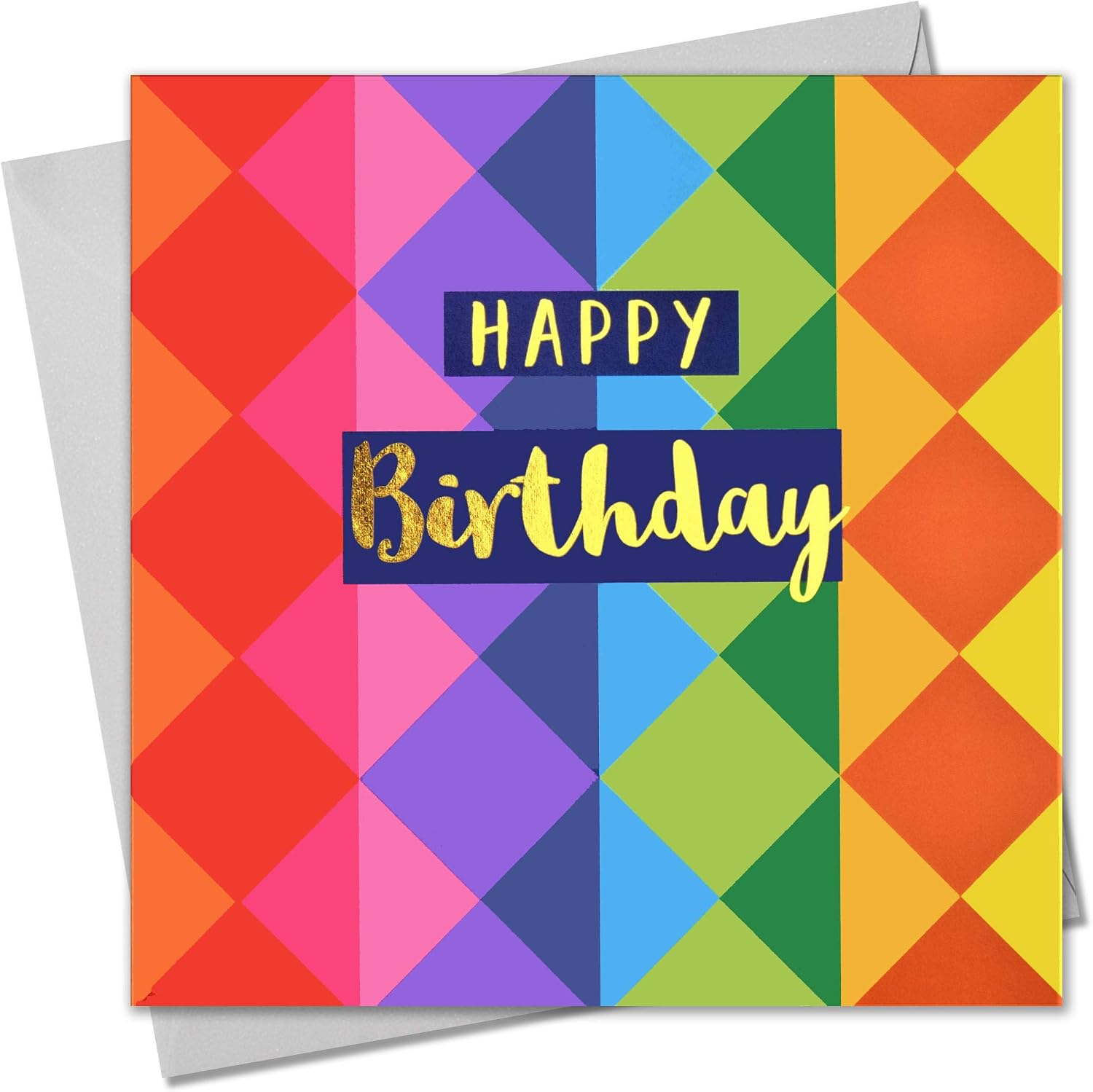 Claire Giles Greeting Cards, Happy Birthday Card, Colour Diamonds, Text Foiled in Shiny Gold, Open, for Him for Her Friend