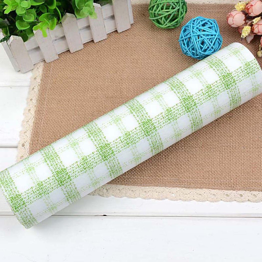 Plaid Gingham Pattern Non-adhesive Shelf Liner Paper Roll for Kitchen Bathroom Cabinets Drawer Shelves Refrigerator Closets (Green)