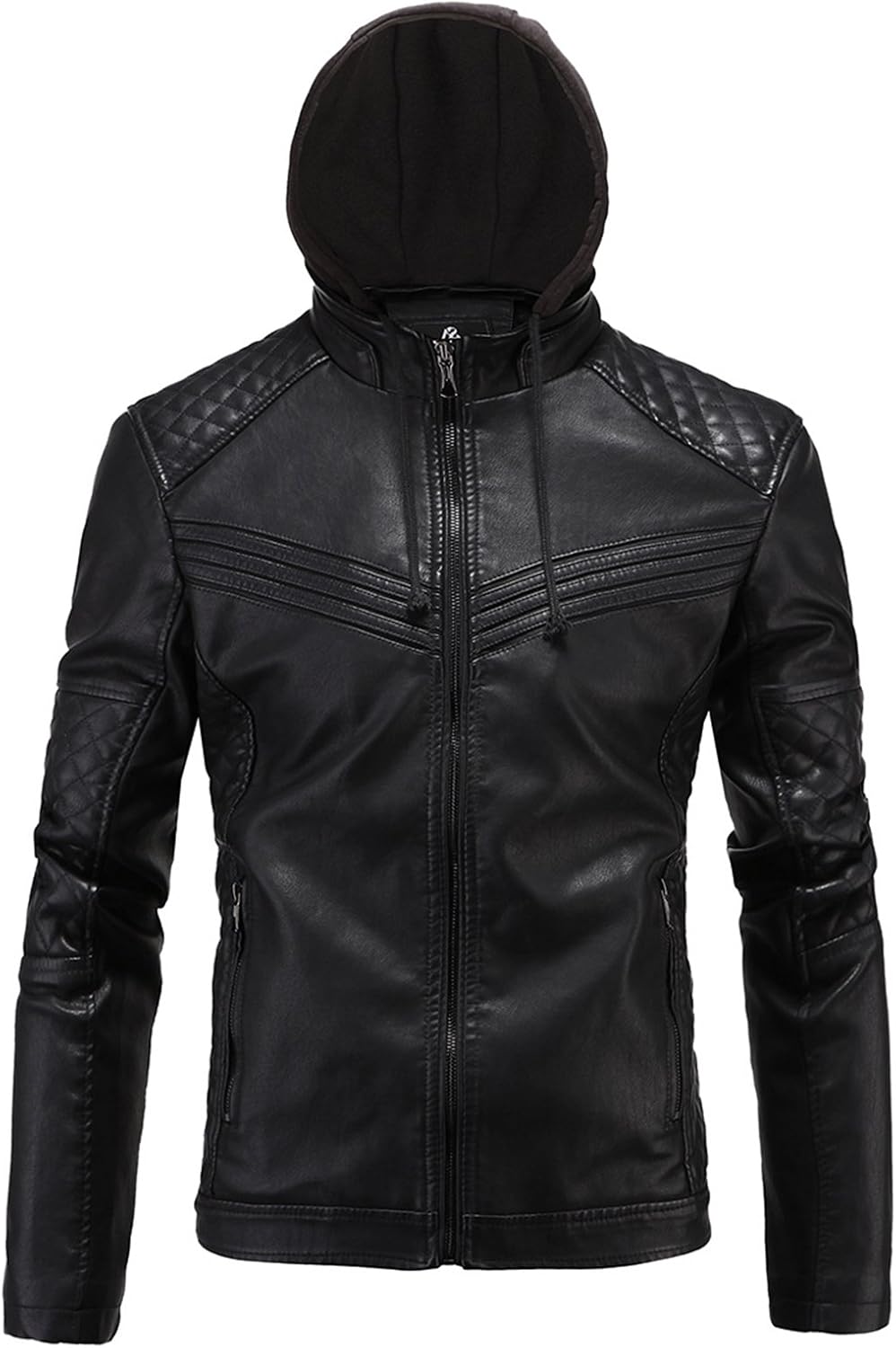 Men Black Leather Jacket With Hood Zipper Winter Coat Plus Velvet
