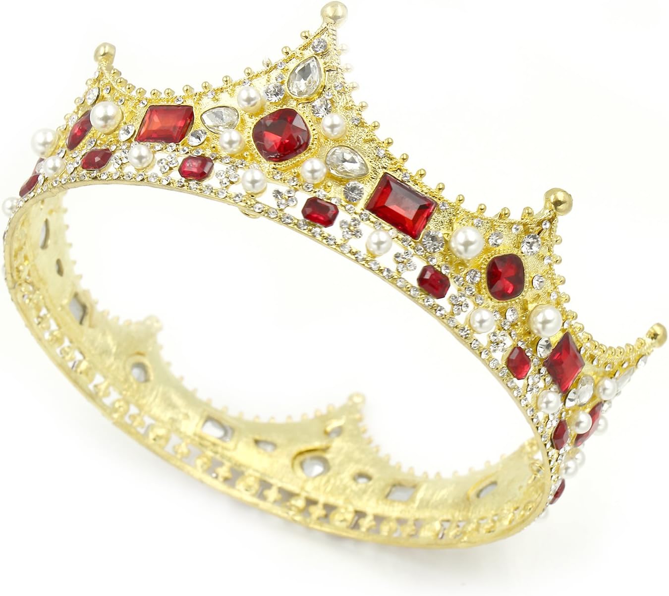 CamingHG Baroque Red Rhinestones Bridal Crown Tiara Headdress Bride Hair Accessories (Gold-red)