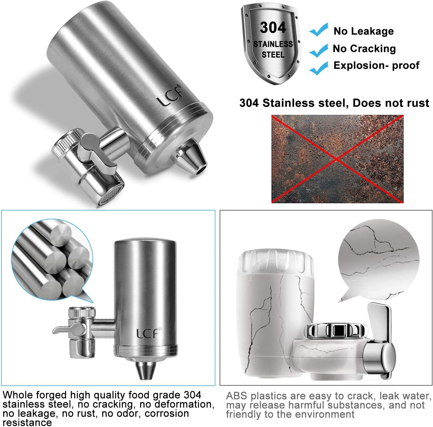 LCF Water Filter Faucet, Food Grade 304 Stainless Steel, Water Purifier with ACF Filter Element, with Double Outlet to Reduce Chlorine,Lead,BPA Free and Improve Hard Water(4 Filters Included): Home & Kitchen
