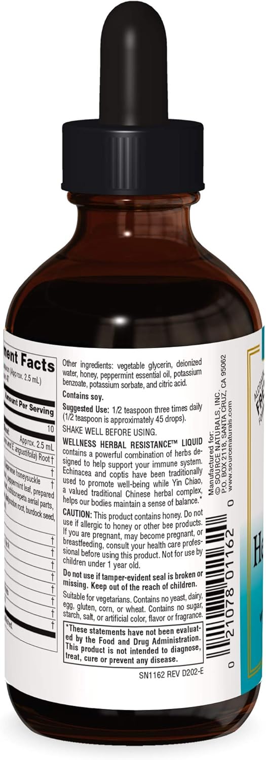 Source Naturals Wellness Herbal Resistance Liquid Formula with Echinacea, Coptis & Yin Chiao Immune Support - 4 Fluid oz: Health & Personal Care