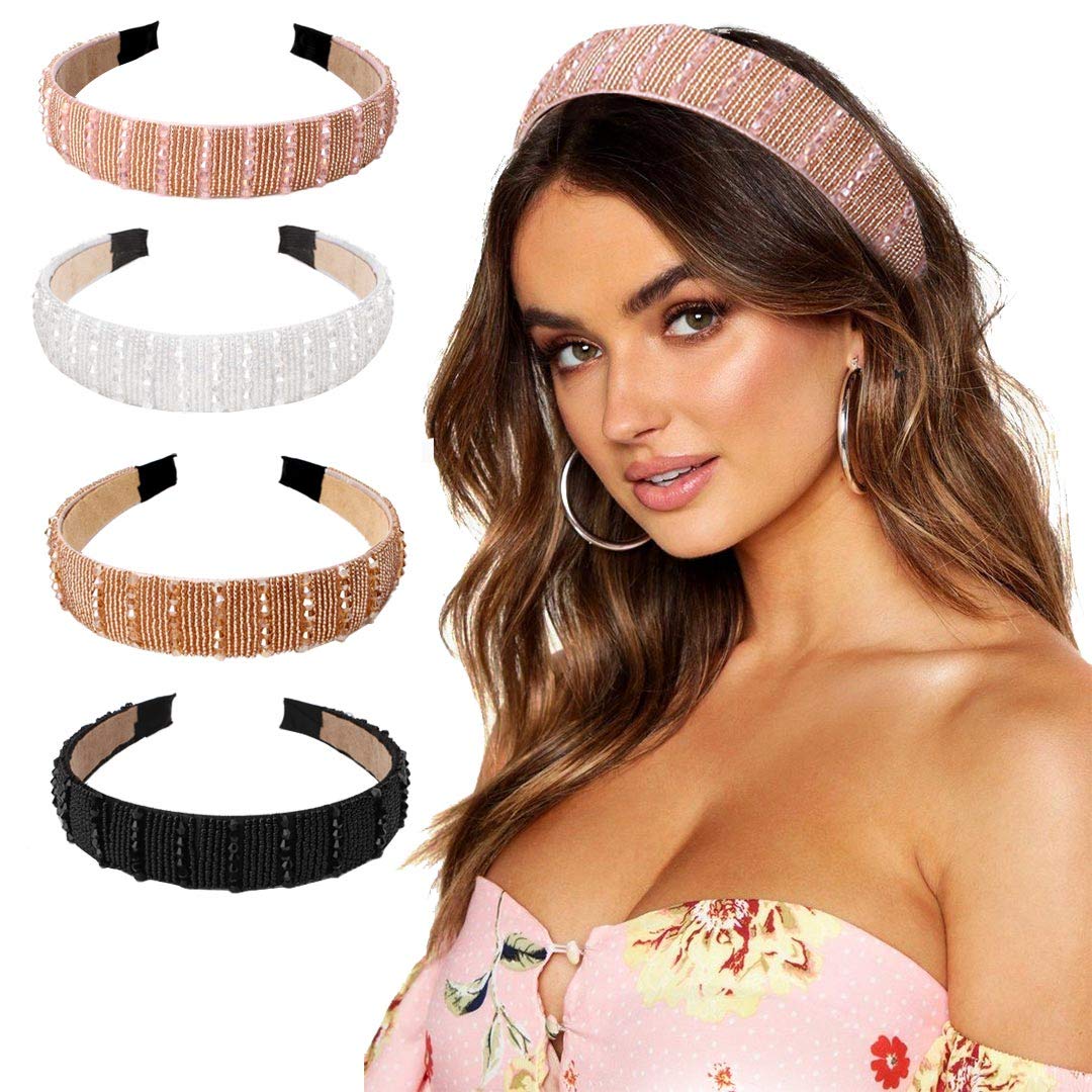 Fashion Rhinestone Headband for Women Crystal Beaded Diamond Hair Hoop Elastic Hairband Bridal Elegant Wedding Hair Accessory for Daily Life 4 packs : Beauty