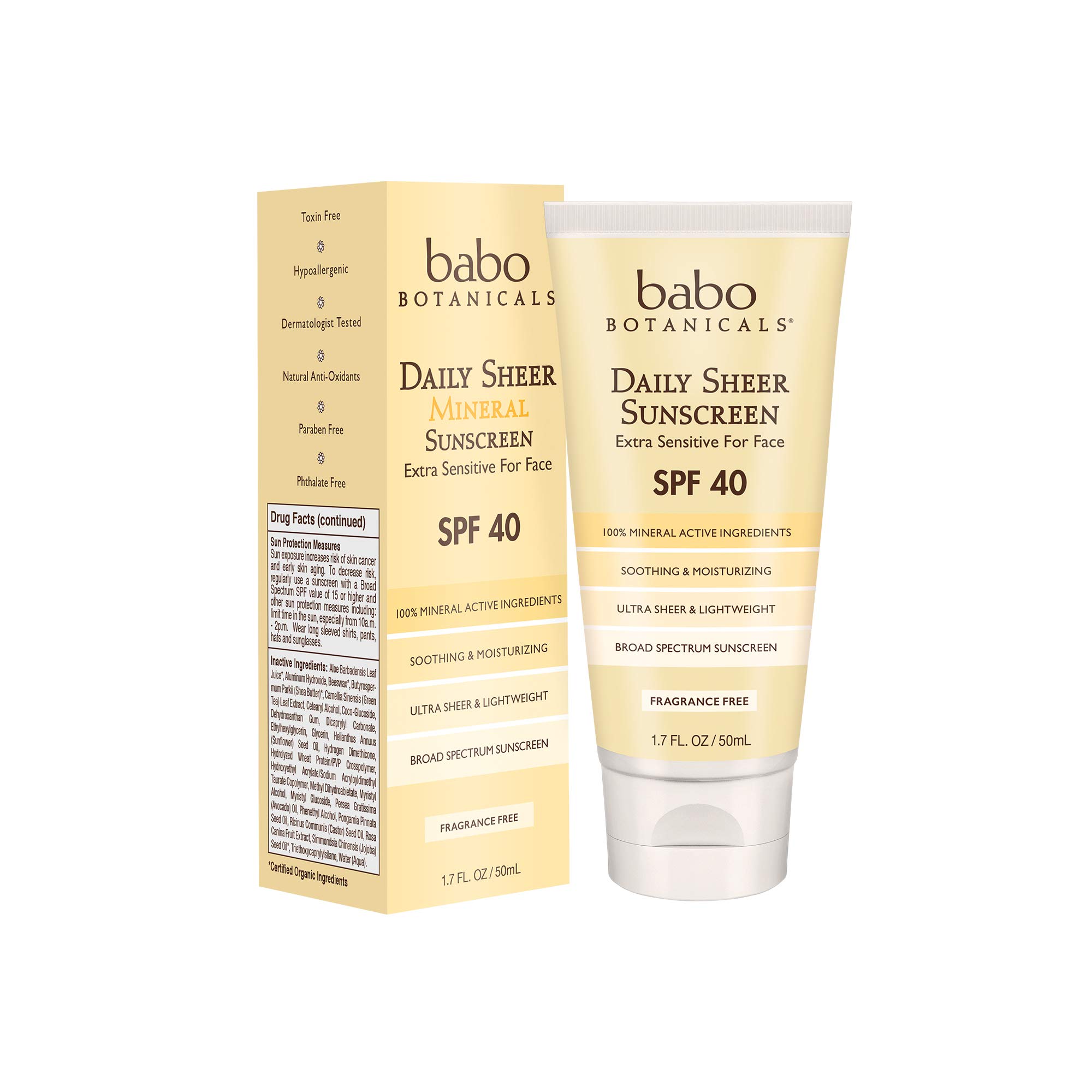 Babo Botanicals Daily Sheer Mineral Face Sunscreen Lotion SPF 40, Non-Greasy, Fragrance-Free, Vegan, For Babies, Kids or Sensitive Skin - 1.7 oz.