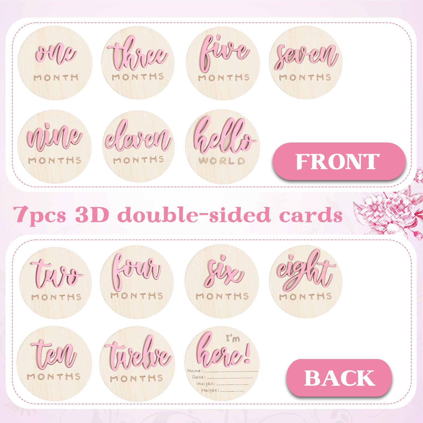 3D Baby Monthly Milestone Card Signs Baby Announcement Sign 7 Pack Double Sided Hello World Newborn Signs Wooden Circles Discs for Welcome Newborn Shower Boy Girl Photo Props(Pink)