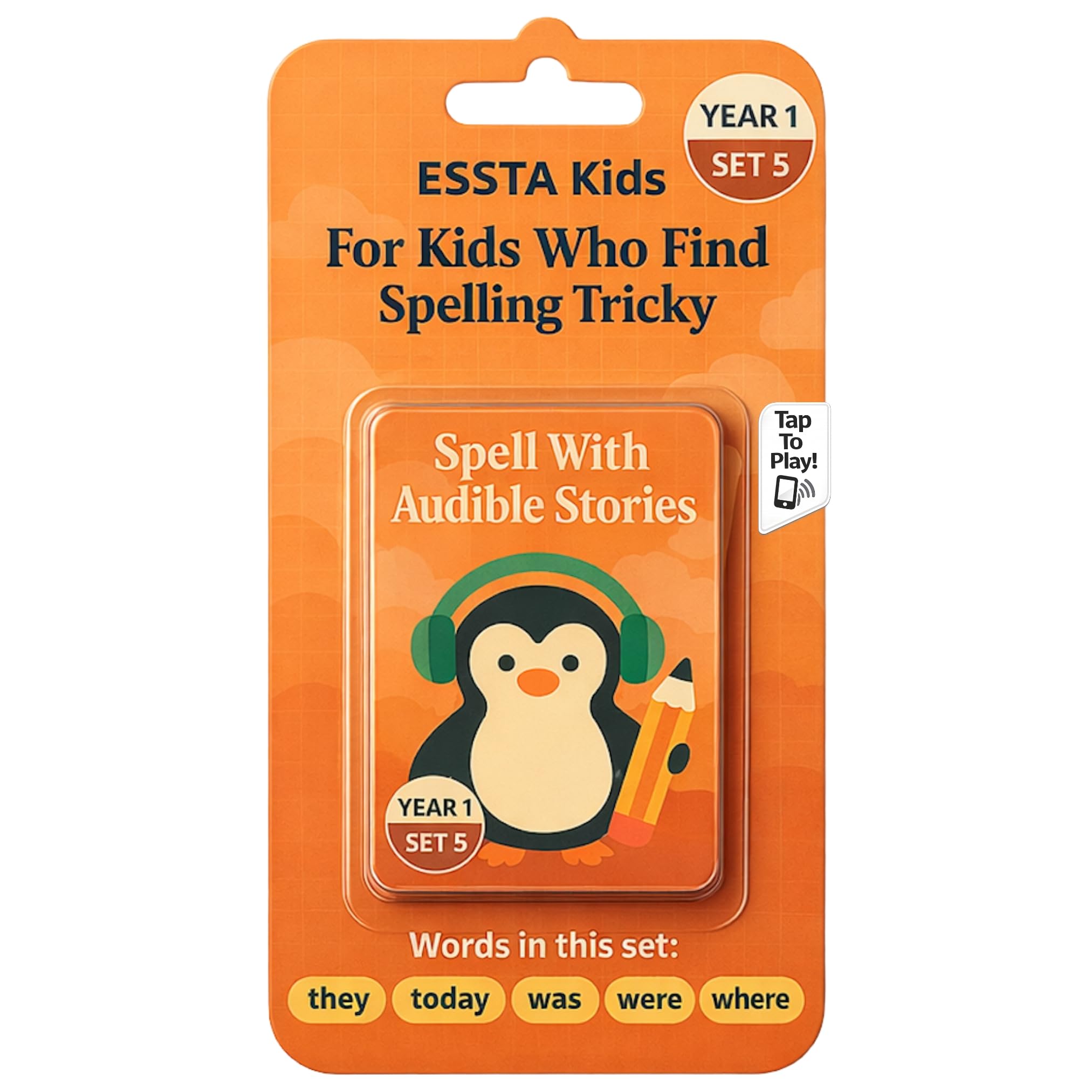 ESSTA Kids Spell With Audible Stories Year 1 Spelling Kit, UK National Curriculum Statutory Words (They, Today, Was, Were & Where) & Illustrated Flash Cards, Spelling Games for Kids β image 1