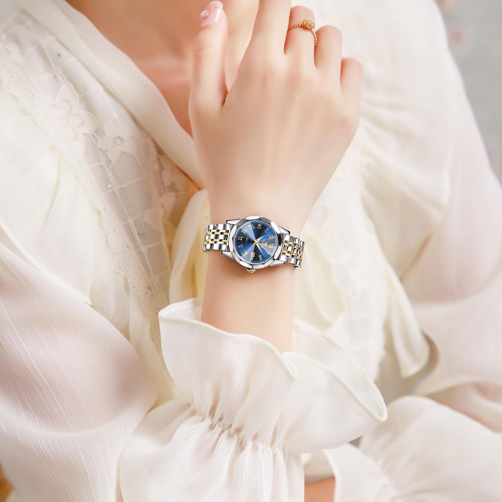 OLEVS Womens Watches Small Face Ladies Watches for Women with Day Date Diamond Silver Gold Two Tone Stainless Steel Waterproof Analog Reloj para Mujer Classic Fashion Dress Quartz Womens Wrist Watch