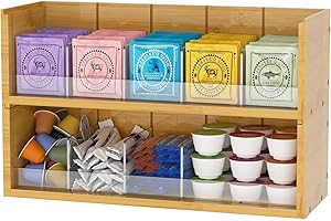 YOCIYOGA Bamboo Tea Bag Organizer, 2-Tier Stackable Box, Natural Wood, Wall Mount Holder With 10 Adjustable Acrylic Partitions, Separated/Vertical Chest for Office Kitchen Cabinet Countertop
