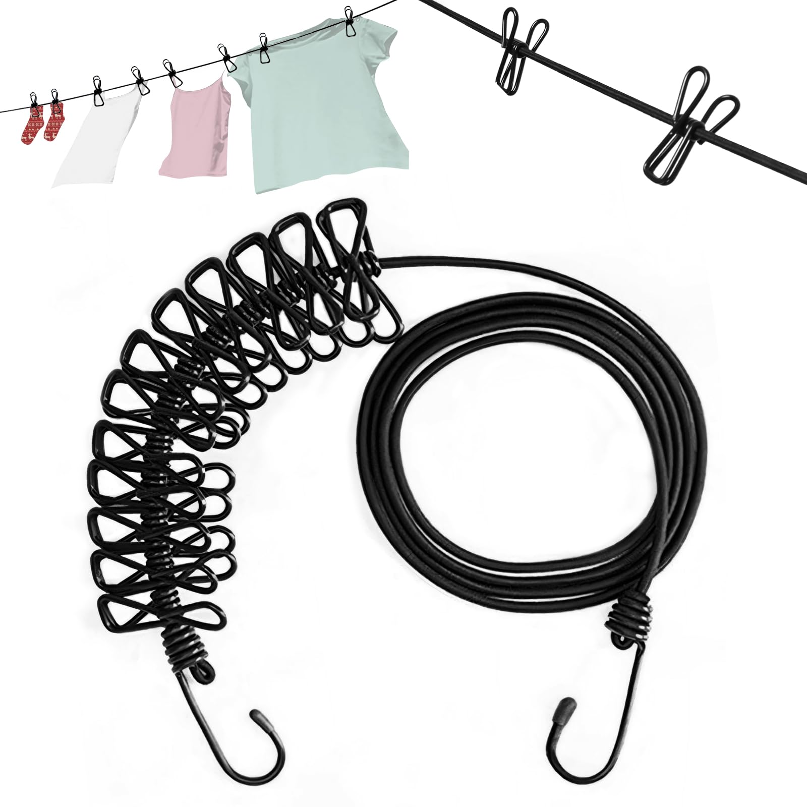 Travel Washing Line with Pegs, 12 Clips Portable Clothes Line Elastic Retractable Portable Clothes Line for Home & Outdoor Travel Camping Accessories