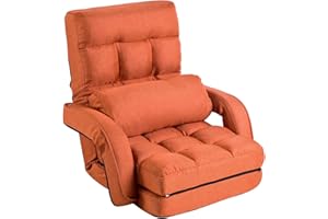 FLOGUOR Floor Chair, Chaise Lounge Indoor, 14-Position Adjustable Folding Lazy Sofa with a Pillow Padded Adults Gaming Chairs for Living Room, Bedroom Factory Price (Orange) 8803OR