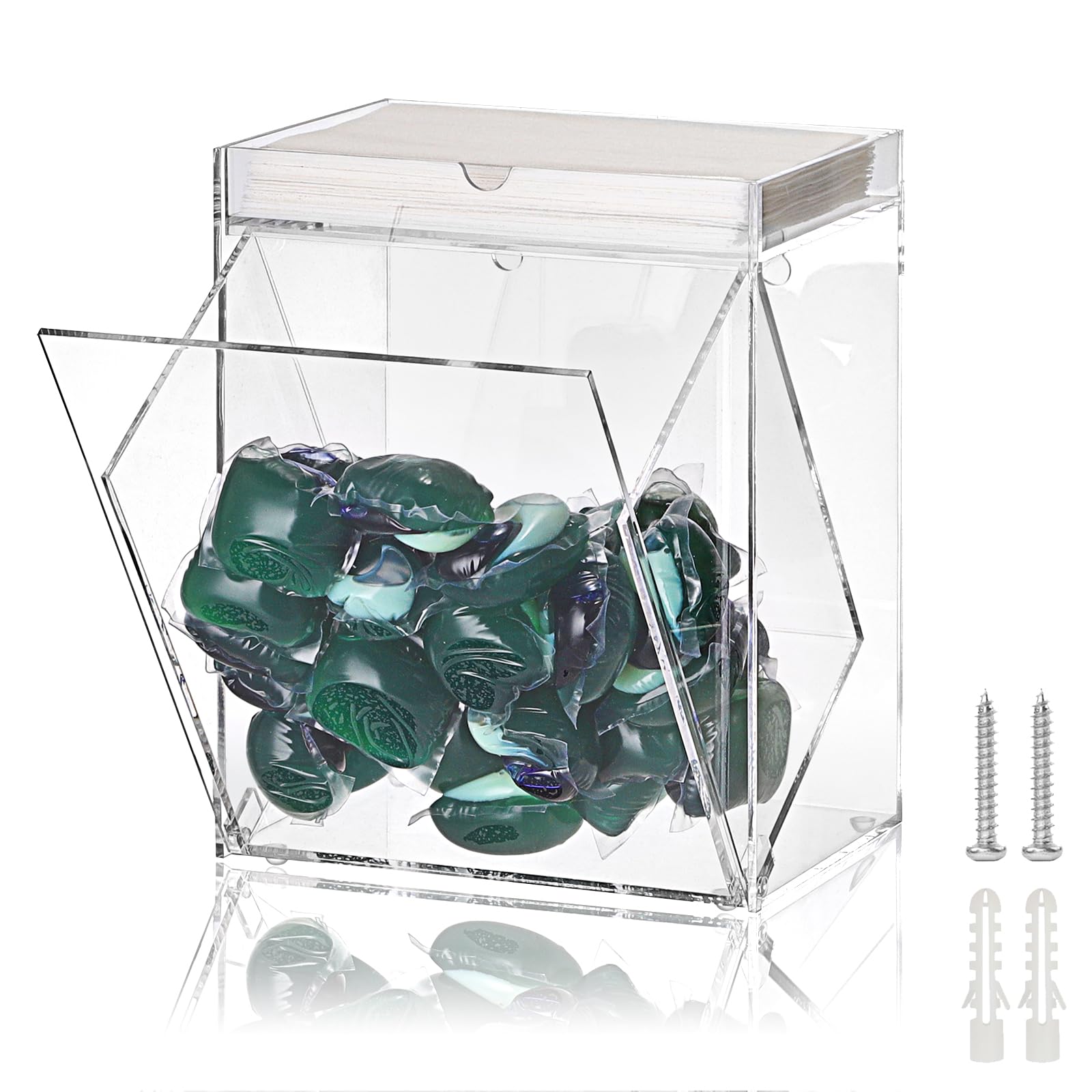 Photo 1 of ELLDOO Wall Mounted Laundry Pods Container, Clear Aryclic Coffee Pod Holder, Candy Dispenser Dishwasher Pod Holder, Tipping Bucket Storage Box for Kitchen, Breakroom, Laundry Room, Coffee Station