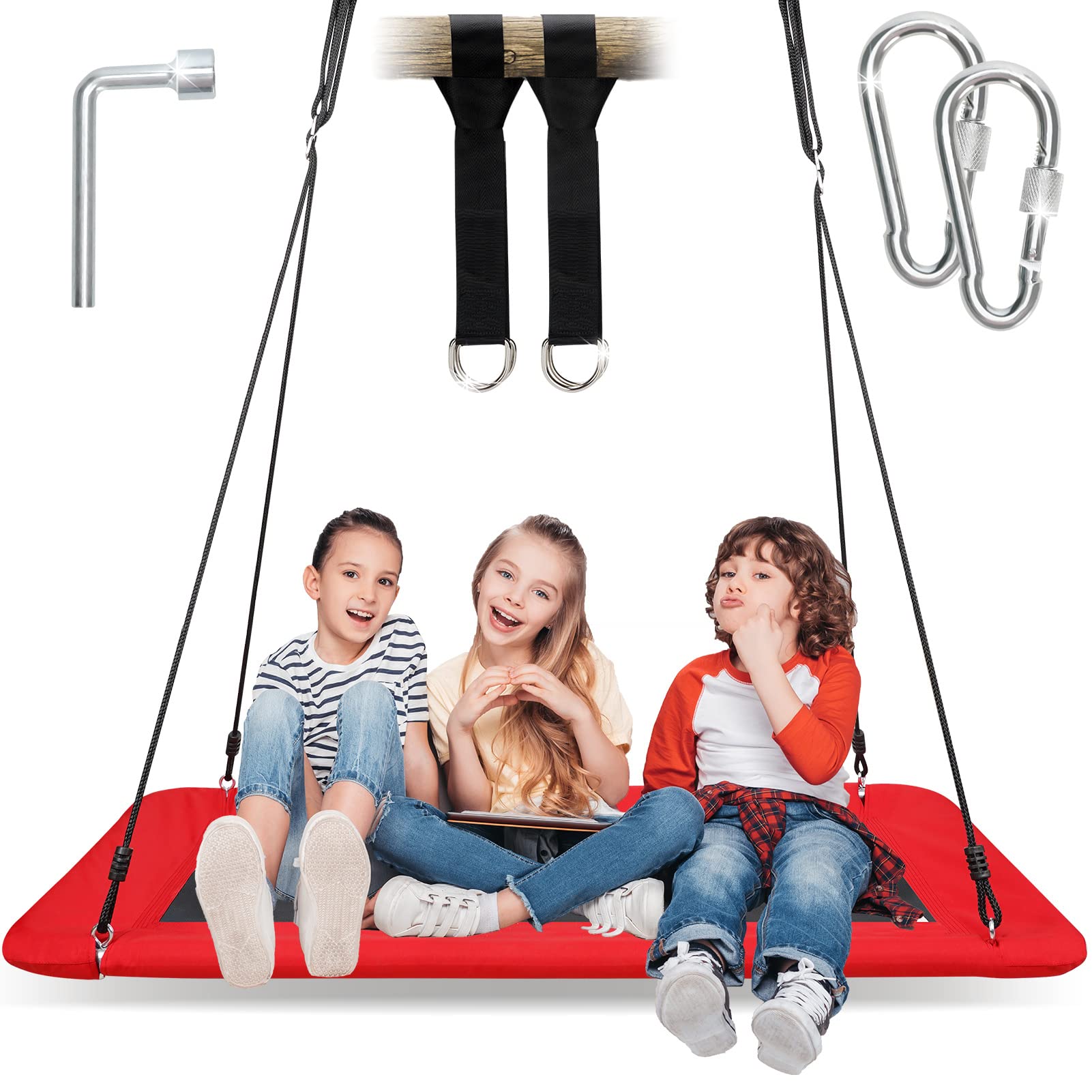 Photo 1 of Tree Platform Swing for Kids and Adults - 700lb Hanging Kit | Rectangle Giant Outdoor Swing Bed for Backyard Indoor | Durable Steel Frame, Adjustable Swivel Ropes (Red, Rectangle)