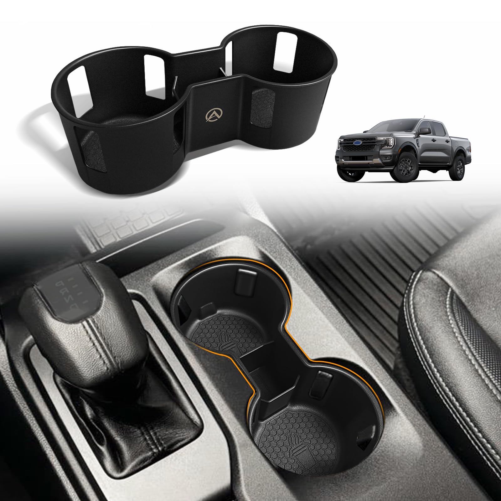 Photo 1 of Muslogy Center Console Cup Holder Inserts Compatible with 2024 2025 Ford Ranger Accessories Middle Console Drink Holder Silicone Black Organizer Non-Slip Drink Stopper