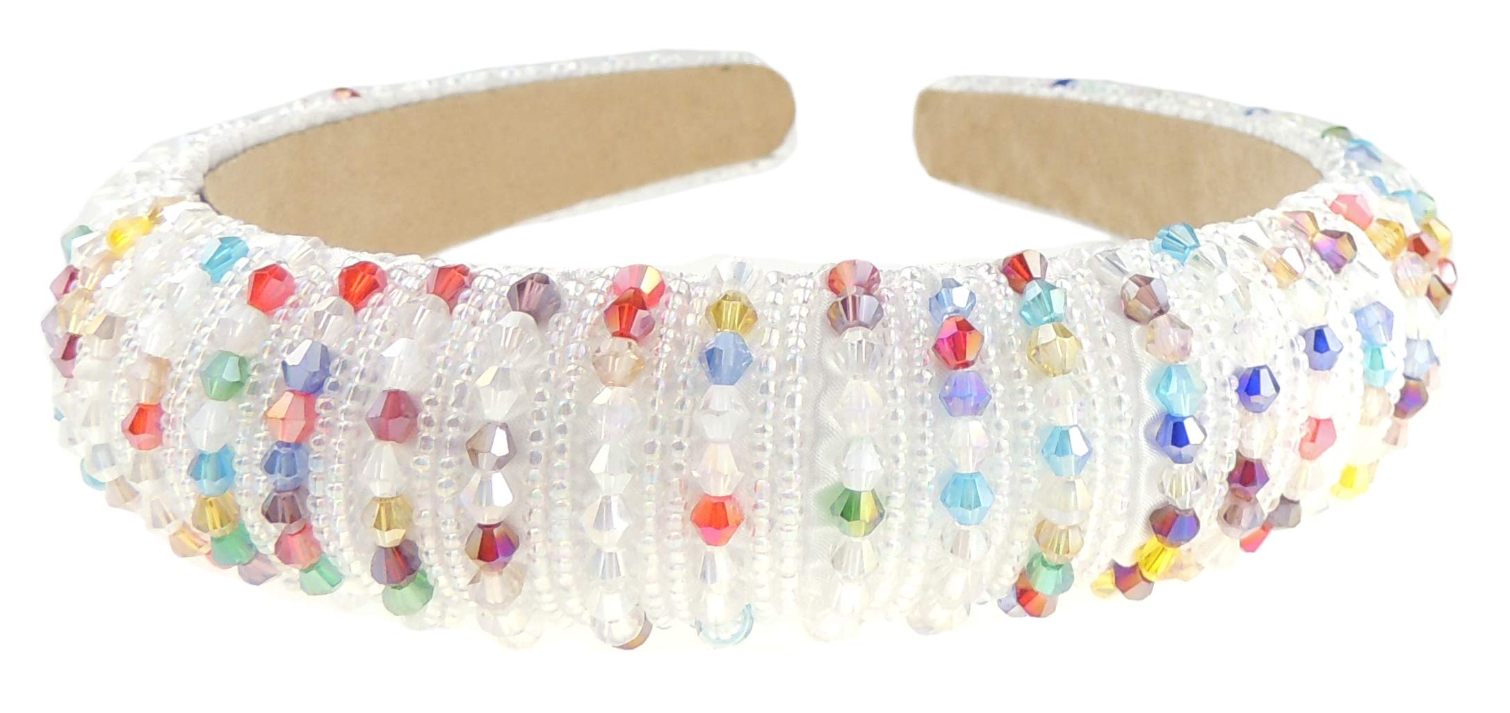Womens Sparkly Beaded Rhinestone Embellished Jeweled Crystal Wide Bump Thick Padded Evening Formal Occasion Christmas Birthday Wedding Bridal Party Headband Hair Alice Band Hairband (White Multi)