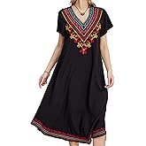 Grosy Embroidered Kaftan Dresses for Women Plus Size, Short Sleeve Mexican Peasant Long Maxi Dress Bohemian Boho Floral
