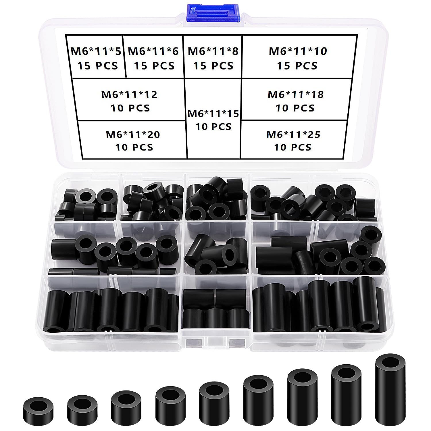 YIXISI 110 PCS ABS Round Spacer Assortment Kit, for M6 Screws, Non Threaded Column Standoff Support Spacer, OD 11mm, Black