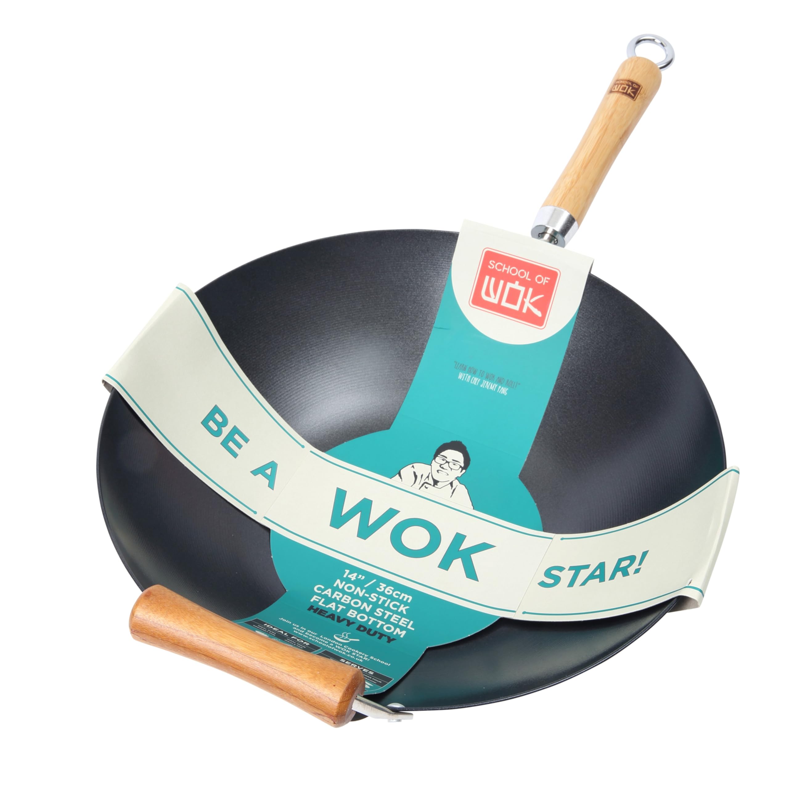 School of Wok - 14"/36cm Carbon Steel Flat Bottom Wok, Induction Hobs, with Bamboo Wooden Handle, Stir-Fry Pan