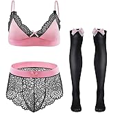ABAFIP Men Sissy Underwear Floral Lace Bra Bikini Panties Bowknot Stockings 3 Piece Nightwear Sleepwear set