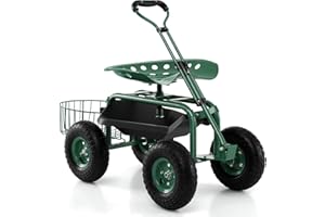 DORTALA Heavy Duty Garden Cart Work Seat w/360 Swivel Seat and Storage Basket, 4-Wheel Rolling Planting Cart w/Tool Tray Extendable Steering Handle Height Adjustable Seat for Gardening, Green