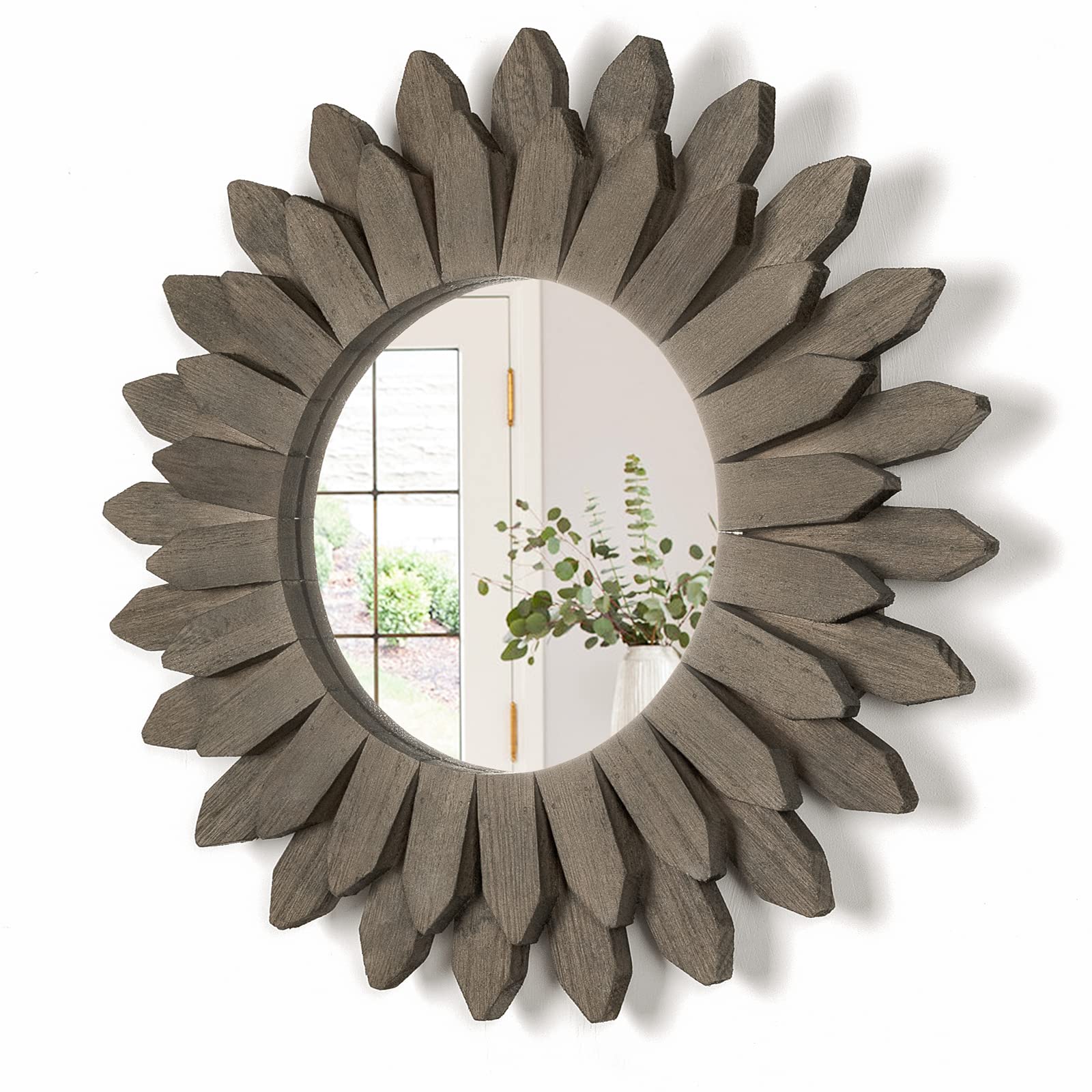Photo 1 of **SINGLE ***Honiway Farmhouse Wall Decor Mirror 12 inch Sunburst Boho Wood Mirror Rustic Home Decor Room Decoration for Bedroom Living Room Weathered Grey