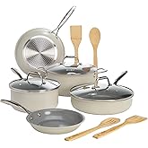 Goodful Ceramic Nonstick Pots and Pans Set, Titanium-Reinforced Premium Nonstick Coating, Dishwasher Safe Pots and Pans, Tempered Glass Steam Vented Lids, Stainless Steel Handles, 12-Piece, Cream