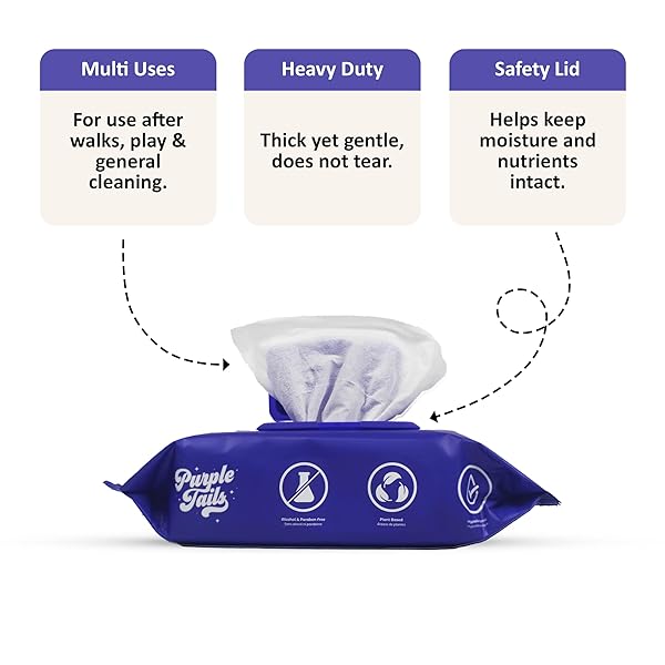 PURPLE TAILS DOG WIPES – 400 DOG WIPES FOR PAWS AND BUTT, FUR, EARS – PLANT-BASED DOG PAW WIPES – CLEANING WIPES FOR PETS – PUPPY WIPES WITH ALOE VERA, SHEA BUTTER – 4 X 100 PACK