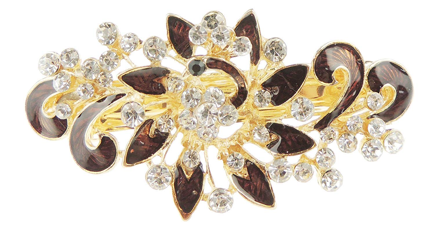 Womens Girls Crystal Rhinestone Diamante Wedding Birthday Party Evening Ponytail Fine Medium Hair Accessories Occasion Barrette Hairpin Grip French Spring Clip Metal Enamel Peacock Waves Pointy Brown