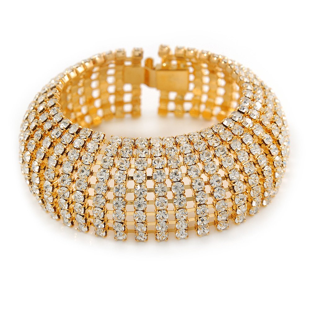 Avalaya Statement 9 Row Clear Crystal Domed Bracelet with Tongue Clasp/Gold Plating/ 20cm L