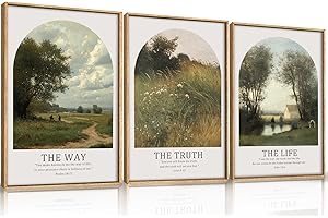 CHDITB Christian Bible Verse Canvas Wall Art Set 3, Vintage Scripture Framed Painting, Religious Landscape Decor, The Way The