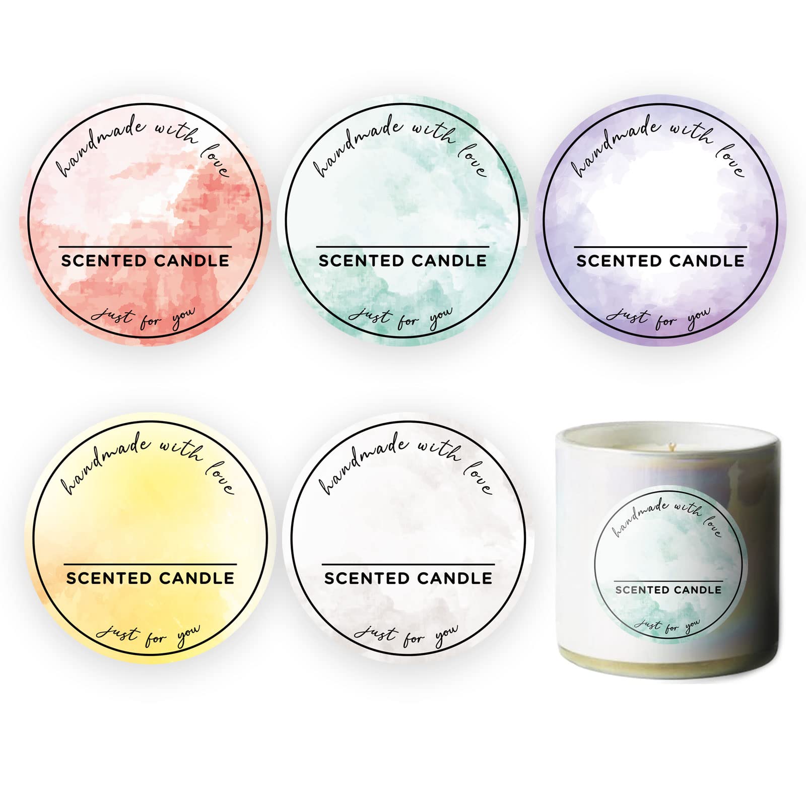 Joyfulmap 500pcs Preprinted Scented Candle Labels, 5 Watercolors Handmade with Love Stickers, Waterproof Labels for Hand Making, Small Business Supplies, Tins/Boxes Packaging/Container (2inch)