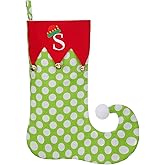 TWSANTAMAS Personalized Elf Christmas Stocking 18 Inch - Embroidered Initial Monogram & Bells, Holiday Stockings for Fireplace Mantel, Family Christmas Decoration Gift-Letter S