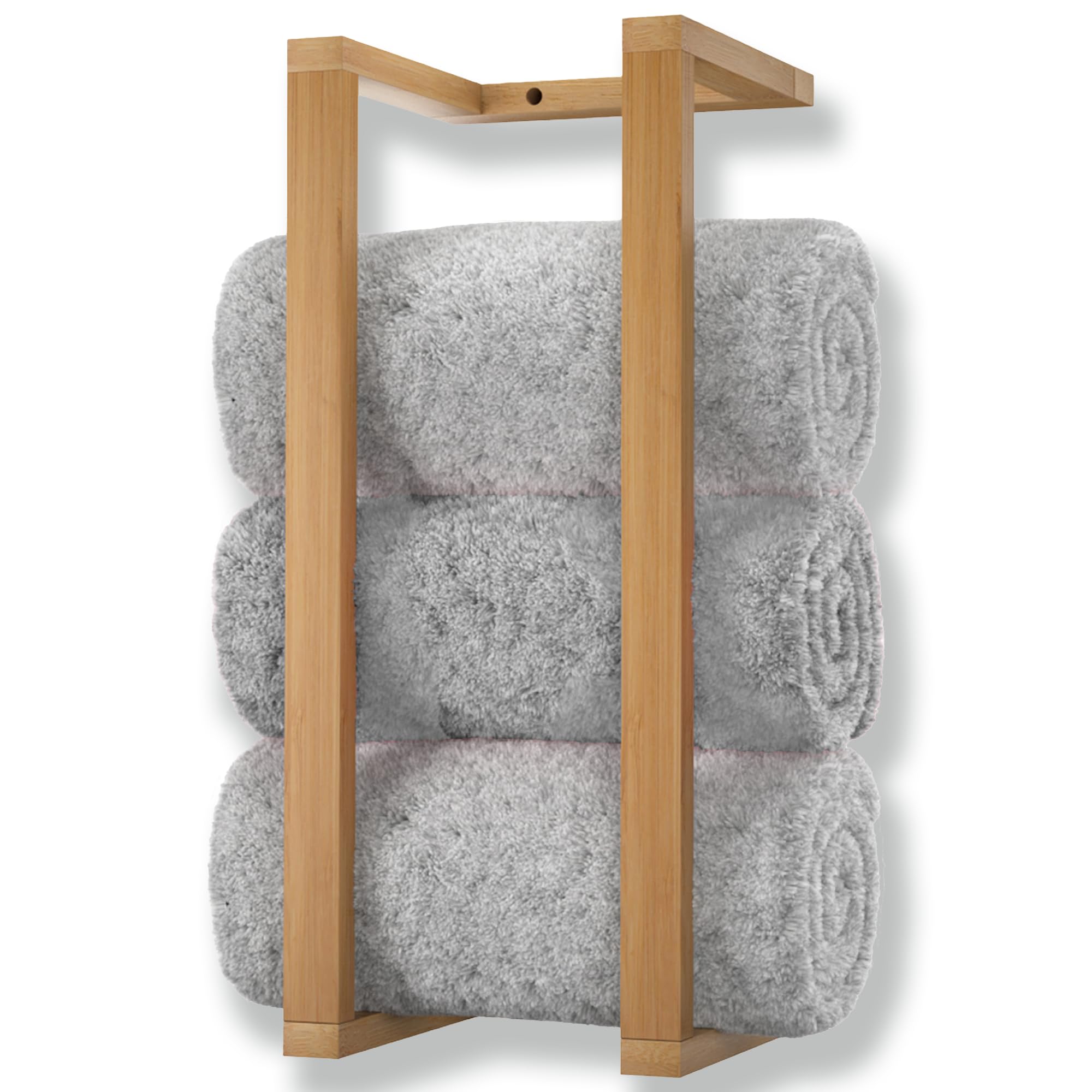 Photo 1 of Aura Nest Bamboo Towel Racks - Vertical Wood Towel Rack Bamboo Bathroom Accessories, Storage, Wall Towel Rack for Rolled Towels for Bathroom Furniture, Spa Furniture and Decor (Natural, Medium)