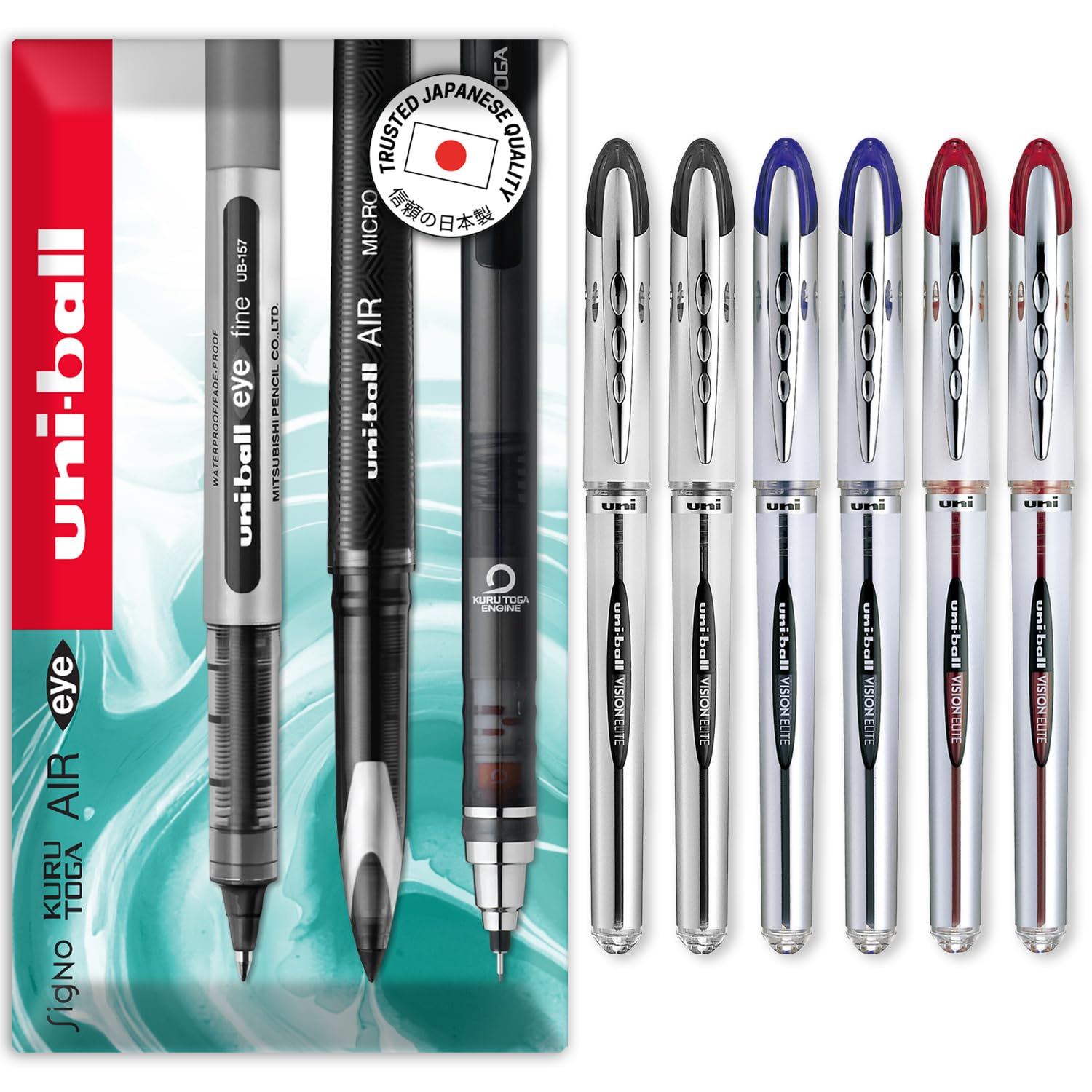 uni-ball Vision Elite - 0.8mm Nib Medium Rollerball Pen - UB-200 - In Envelope Gift Packaging (Pack of 6, Multicolor)