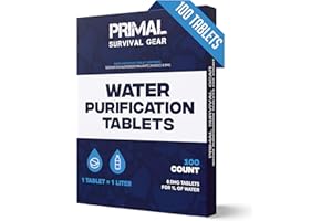 PRIMAL SURVIVAL GEAR Water Purifier Tablets –Water Purification Tablets for Emergency Water - Hiking, Camping, Survival, Emergency – Drinking Water Filtration System Survival Tabs - Purificador De Agua - 1L - 100 Tablets