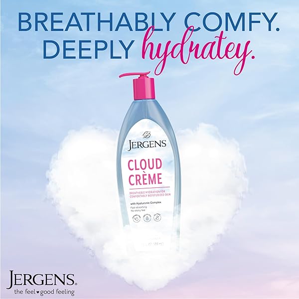 JERGENS CLOUD CREME BREATHABLE BODY LOTION, FAST-ABSORBING HYDRATING MOISTURIZER, PARABEN-FREE, WITH HYALURONIC COMPLEX, NON-GREASY APPLICATION, 13 OZ,WHITE