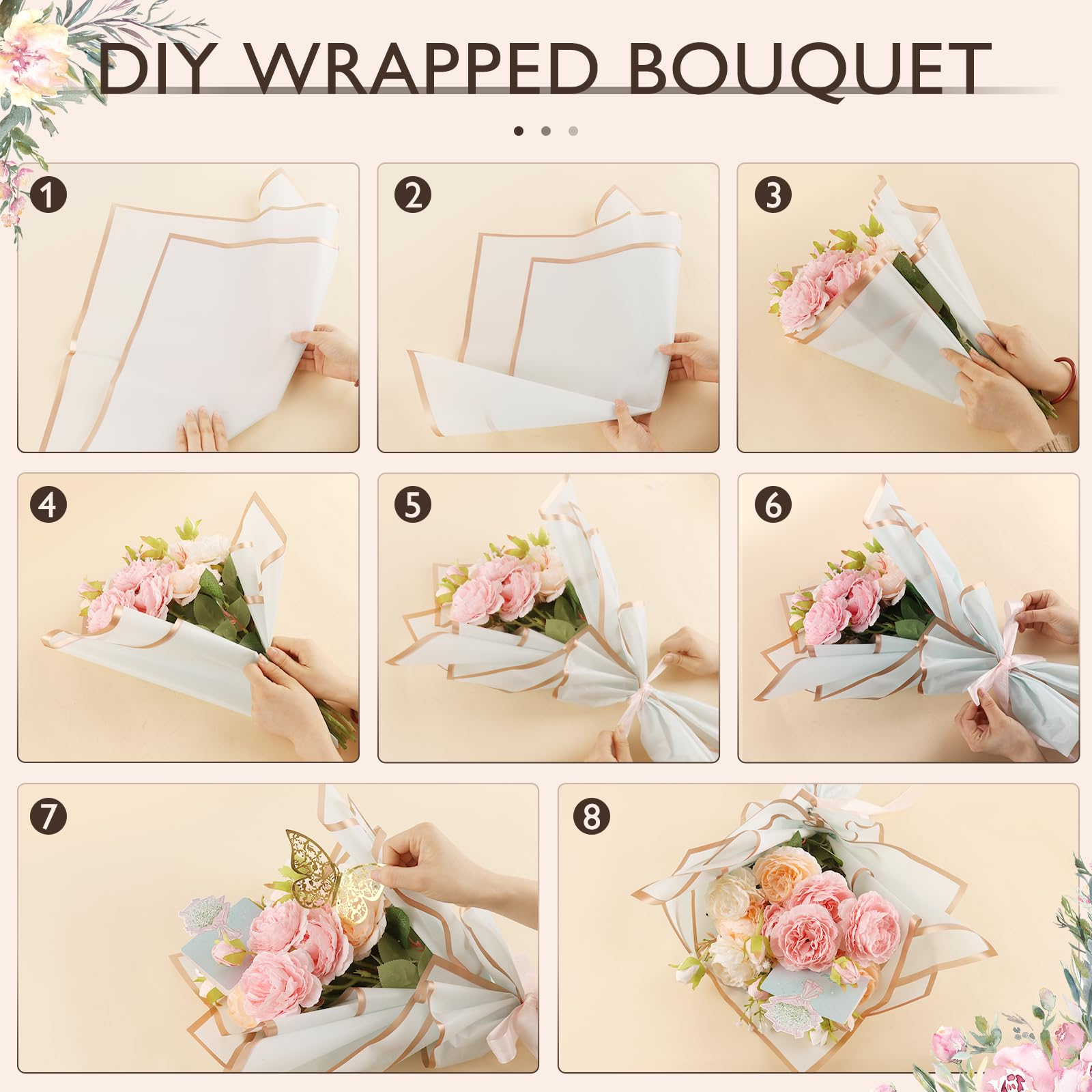 100 Sheets Flower Wrapping Paper with Pure Color Flower Bouquet Wrapping Paper for Waterproof DIY Crafts Packaging, 22.8x22.8 inch (10 Colors) with 3 Ribbons