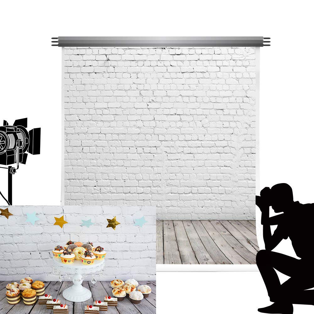 Kate Photo Backdrop White Brick Wall 5x7ft/1.5x2.2m Photography Background with Wooden Floor Microfiber Seamless Studio Backdrop