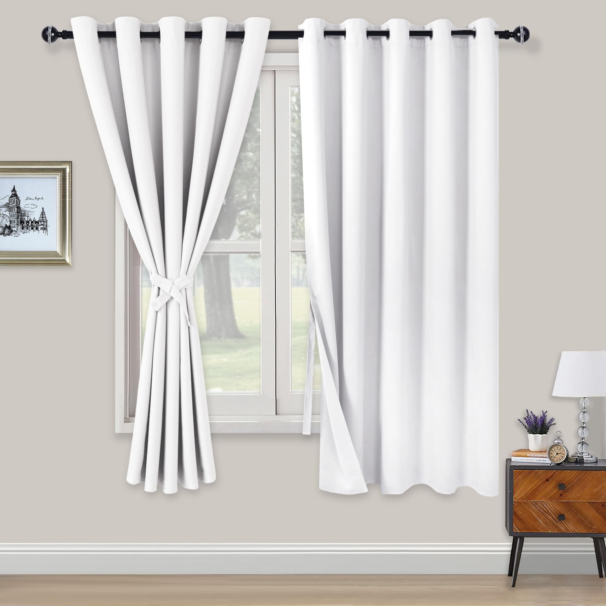 XWZO Blackout Curtains Shades Window Curtain Panels with Tiebacks- Noise Reduction and Thermal Insulated Eyelet Curtains for Bedroom,Living Room,Office,Study Room Greyish White W66xL72