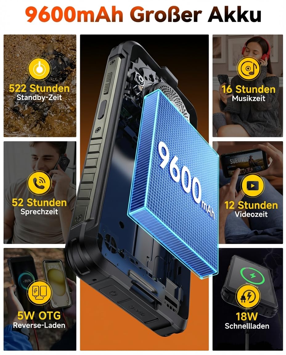 Ulefone RugKing Outdoor Smartphone Android 15, 16GB+256GB/2TB, 9600 mAh IP68&IP69K Baustellen Handy, 50MP Kamera, 128dB Lautsprecher, 5,99" Display, AI Outdoor Handy, 4G Dual SIM/OTG/NFC/GPS 4