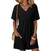 AlvaQ Rompers for Women Solid Color Casual Short Sleeve V Neck Zipper Short Jumpsuits with Pockets