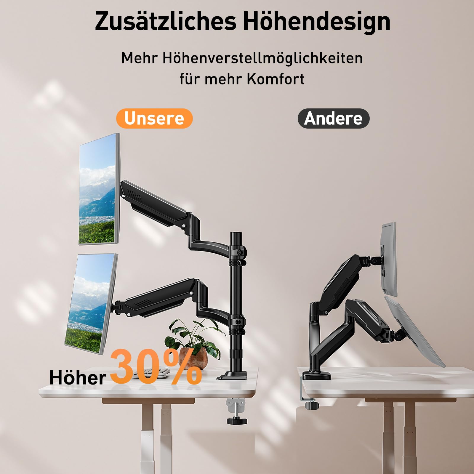 ELIVED Monitor Halterung 2 Monitore für 13-32" Bildschirme, Monitor Arm hält 2-10 kg Monitor mit VESA 75/100mm, Höhenverstellbare Dual Monitorarm mit Neigbar, Schwenkbar, Drehbar, EV6034B 3