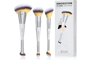 Jessup Face Makeup Brush Set 3pcs Double Sided Makeup Brushes for Foundation Contour Blush Highlight Concealer, Cruelty Free 