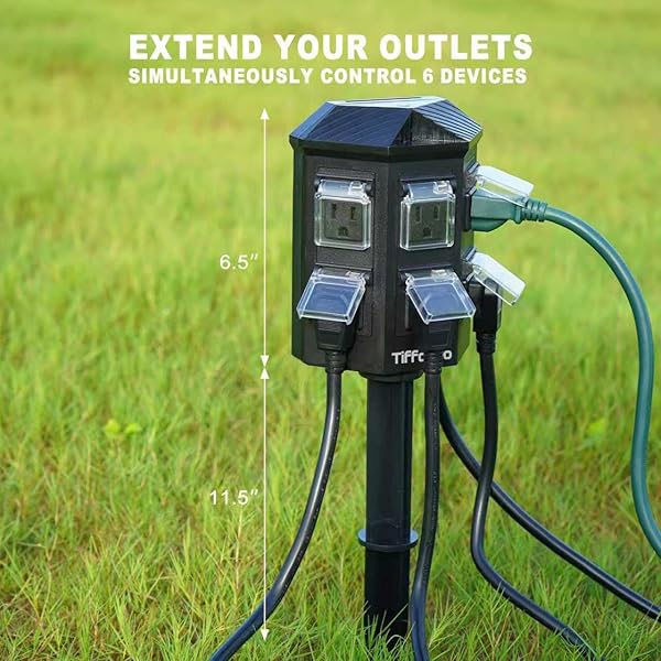 TIFFCOFIO OUTDOOR POWER STRIP WATERPROOF, 24 HOUR MECHANICAL TIMER, 6 FT EXTENSION CORD, 6 GROUNDED OUTLETS FOR OUTDOOR LIGHTS, ETL LISTED (100 FT)