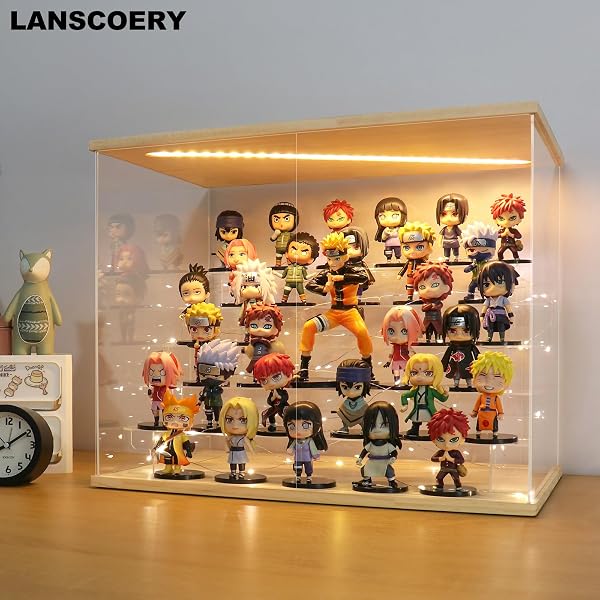 LANSCOERY LED LIGHTED ACRYLIC DISPLAY CASE, 6 TIER DISPLAY BOX FOR COLLECTIBLES AND ACTION FIGURES, CLEAR DUSTPROOF ORGANIZER WITH WOODEN BASE – 22.8X11.9X14.7INCH