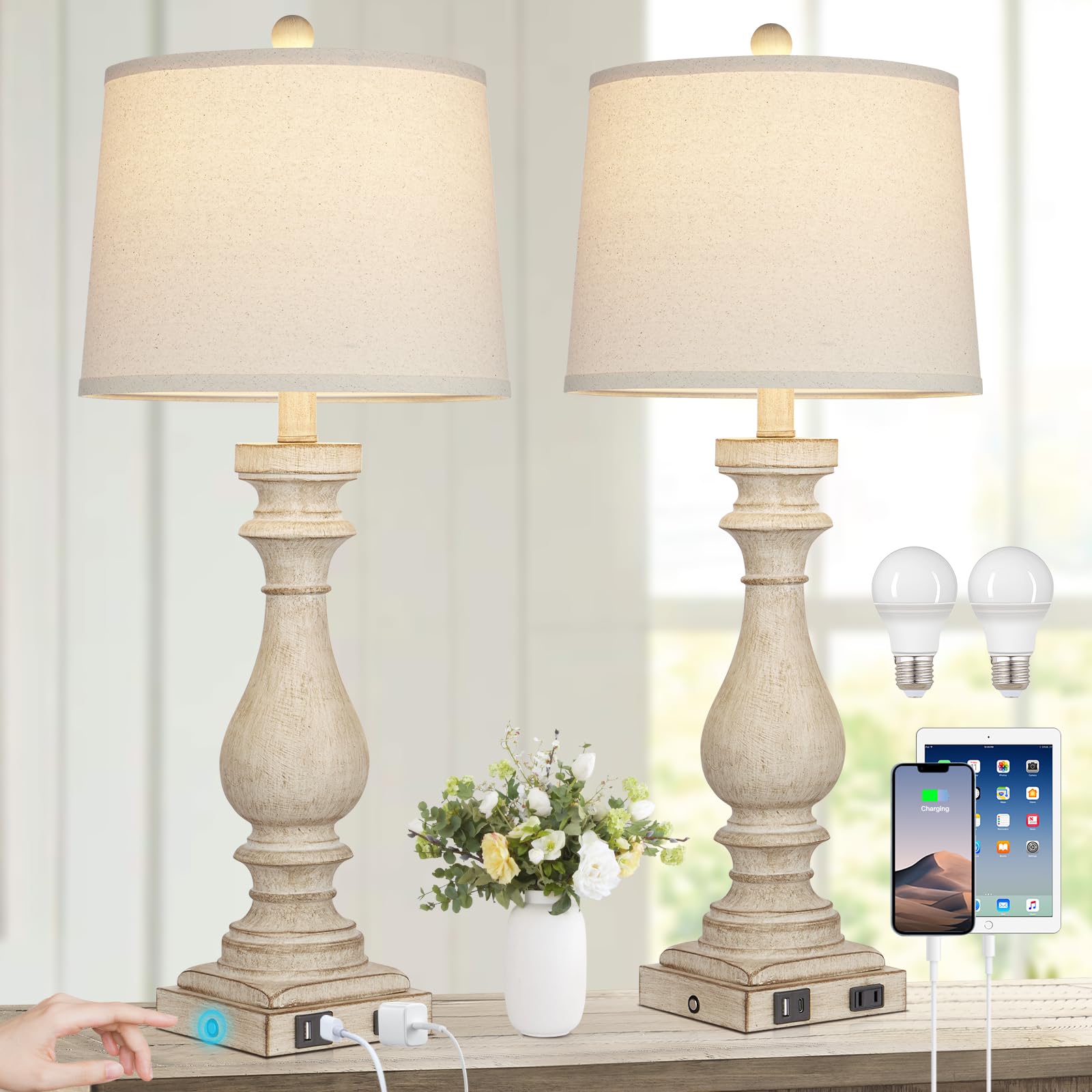 Photo 1 of Rinweey 27.5" Farmhouse Table Lamp for Living Room Set of 2,Vintage Bedside Lamps with USB C+A Ports & AC Outlet,3-Way Dimmable Touch Control White Washed Finish Nightstand Lamp for Bedroom,Beige