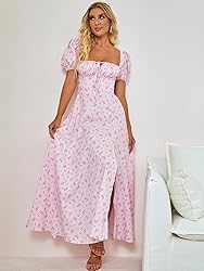 Women's Summer Puff Sleeve Floral Split Maxi Dress