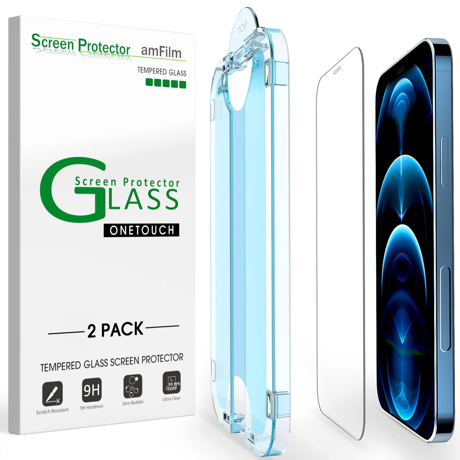 Photo 1 of amFilm OneTouch Screen Protector for iPhone 12 Pro Max (6.7", 2020) with Easy Installation Kit, Tempered Glass, 2 Pack