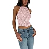 Floerns Women's Sleeveless Shirts Halter Backless Pleated Ruffle Hem Cute Cami Top Light Pink Medium